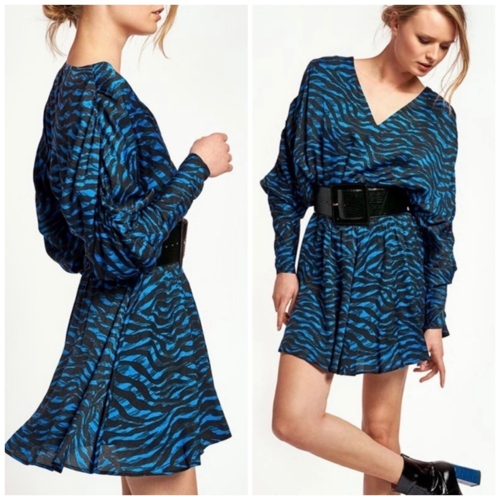 Essentiel Antwerp Wheelbarrow Tiger Print V Neck Dress Blue Mini Size 4 Casual